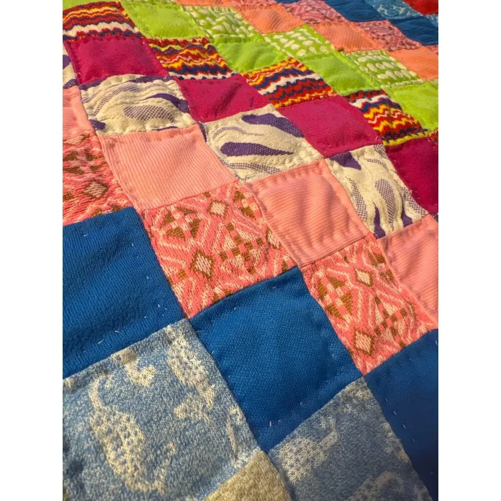 Vintage Trip Around The World Patchwork Quilt Brightly Colored King
